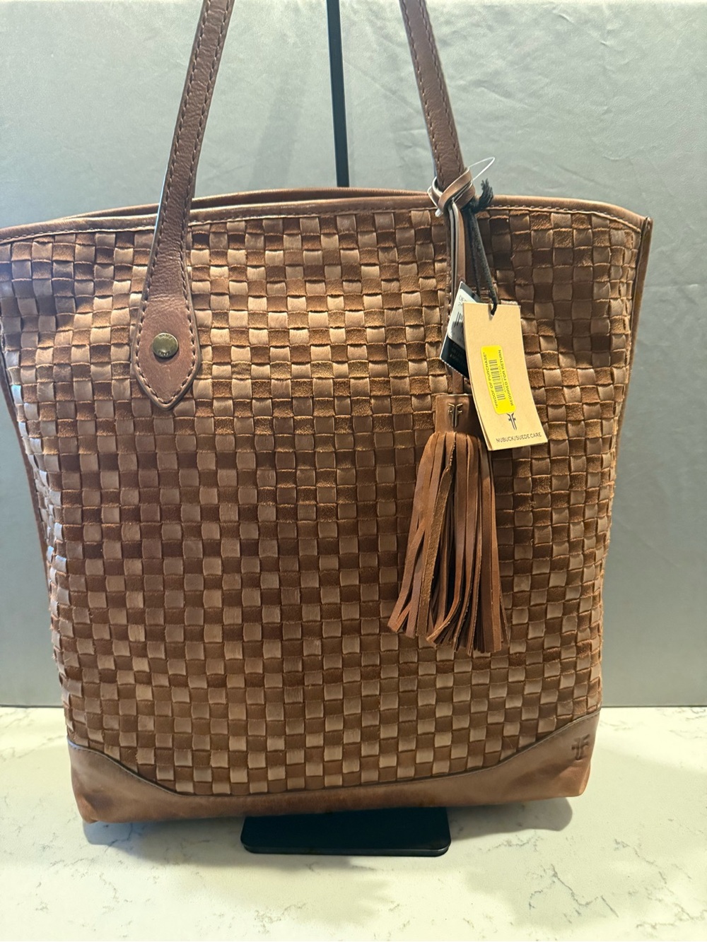 Frye Woven Leather Shoulder Tote in Cognac Brown with Tassel